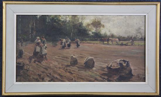 English School c.1900 Harvesters and other landscapes, largest 12 x 16in.
